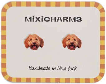 Può includere: Orecchini a bottone con il volto di un cane marrone chiaro sorridente. Presentati su una carta color crema con il testo "MixiCharms" e "Handmade in New York" in nero, incorniciati da un bordo giallo e marrone.