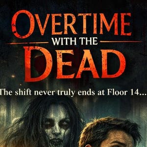 Peut inclure: Affiche de film pour "Overtime with the Dead" avec un homme effrayé et une figure fantomatique. L'écran de l'ordinateur affiche "GET OUT WHILE YOU CAN". Le titre est en rouge, avec la phrase "The shift never truly ends at Floor 14..."