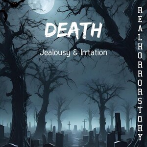 Könnte beinhalten: Digitale Illustration einer gruseligen Friedhofsszene bei Nacht. Das Wort "DEATH" steht in großen weißen Buchstaben, darunter "Jealousy & Irritation". Fledermäuse fliegen vor einem Vollmond.