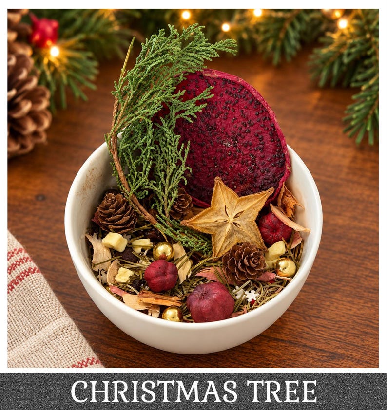 May include: A white ceramic bowl filled with a potpourri mix containing a large dried red dragon fruit slice, a dried star fruit, small pinecones, green cedar sprigs, red berries, gold metallic spheres, and wood shavings.