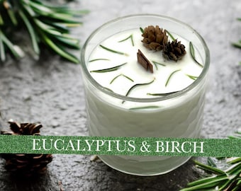 Eucalyptus Birch Soy Candle: 16oz Botanical Rosemary Pinecone Candle