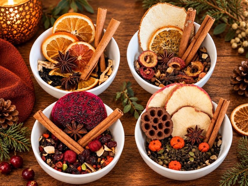 May include: Four white ceramic bowls filled with dried fruit, cinnamon sticks, and star anise. The bowls contain various combinations of dried orange slices, apple slices, dragon fruit, lotus pods, berries, and green tea leaves on a wooden surface.