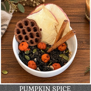 May include: A white bowl filled with a loose leaf tea blend containing small orange pumpkin-shaped pieces, green pumpkin seeds, dried apple slices, a brown lotus seed pod, and two cinnamon sticks, with the text PUMPKIN SPICE at the bottom.
