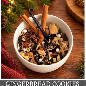 May include: A white ceramic bowl filled with a loose leaf tea blend containing dried fruit pieces, star anise, small gingerbread-shaped sprinkles, and white sugar pearls, topped with two cinnamon sticks and a dark vanilla bean pod.