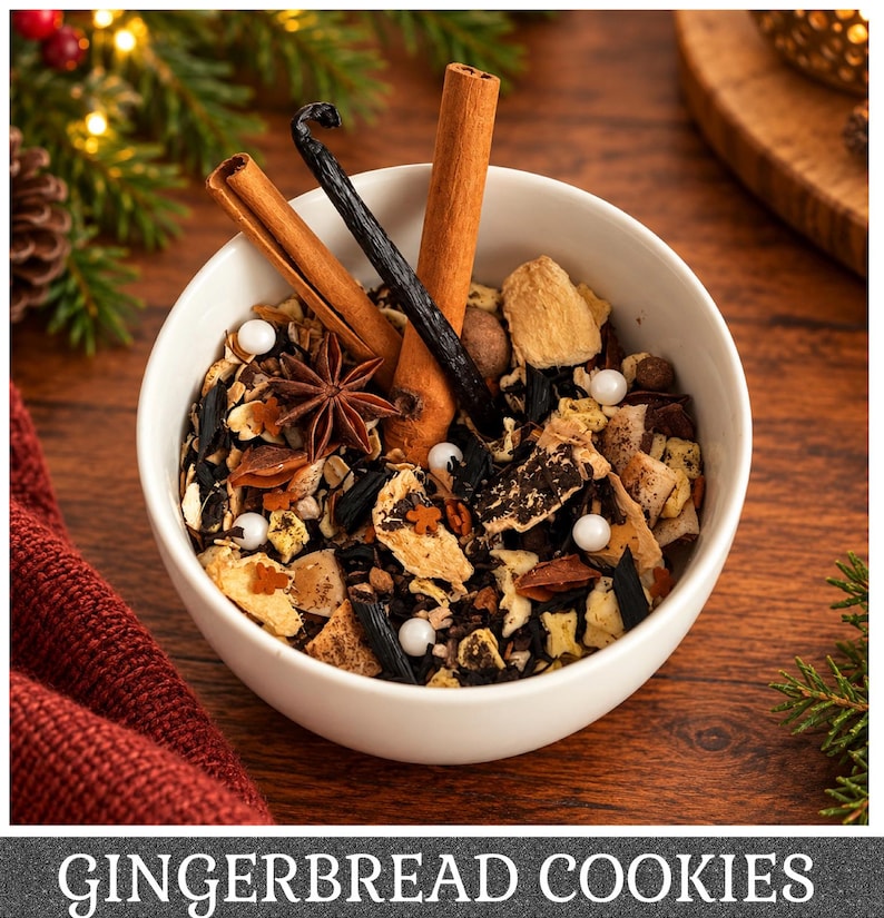 May include: A white ceramic bowl filled with a loose leaf tea blend containing dried fruit pieces, star anise, small gingerbread-shaped sprinkles, and white sugar pearls, topped with two cinnamon sticks and a dark vanilla bean pod.