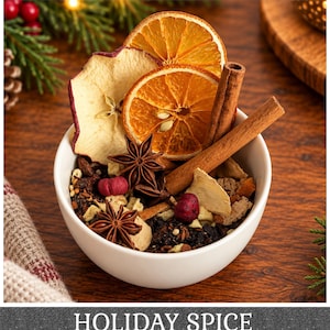 May include: A white bowl filled with a holiday spice blend containing dried orange slices, apple slices, cinnamon sticks, star anise, and small red berries. The text HOLIDAY SPICE is printed in white capital letters at the bottom of the image.