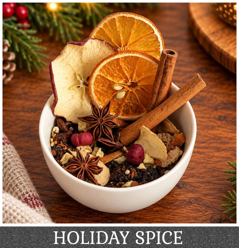 May include: A white bowl filled with a holiday spice blend containing dried orange slices, apple slices, cinnamon sticks, star anise, and small red berries. The text HOLIDAY SPICE is printed in white capital letters at the bottom of the image.