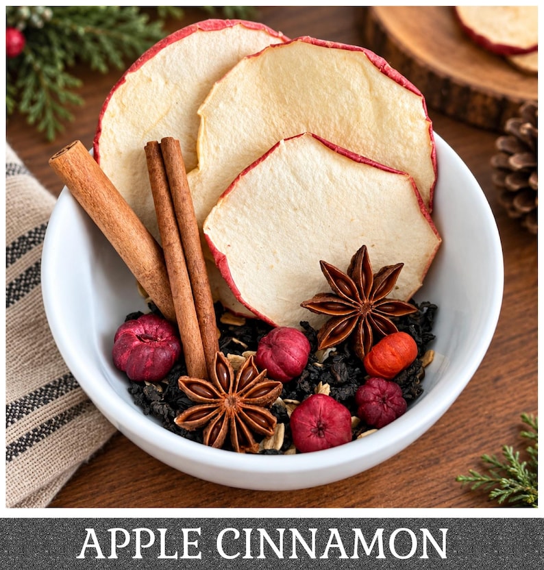 May include: A white bowl containing dried apple slices with red edges, two cinnamon sticks, two star anise, and small red berries mixed with dark tea leaves. The text APPLE CINNAMON is printed in white at the bottom of the image.
