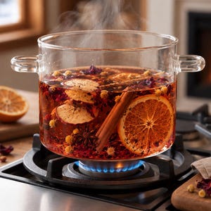 May include: A clear glass pot with two side handles sits on a gas stove burner. The pot contains a steaming amber liquid infused with dried orange slices, cinnamon sticks, star anise, small yellow flowers, and dark red botanical petals.