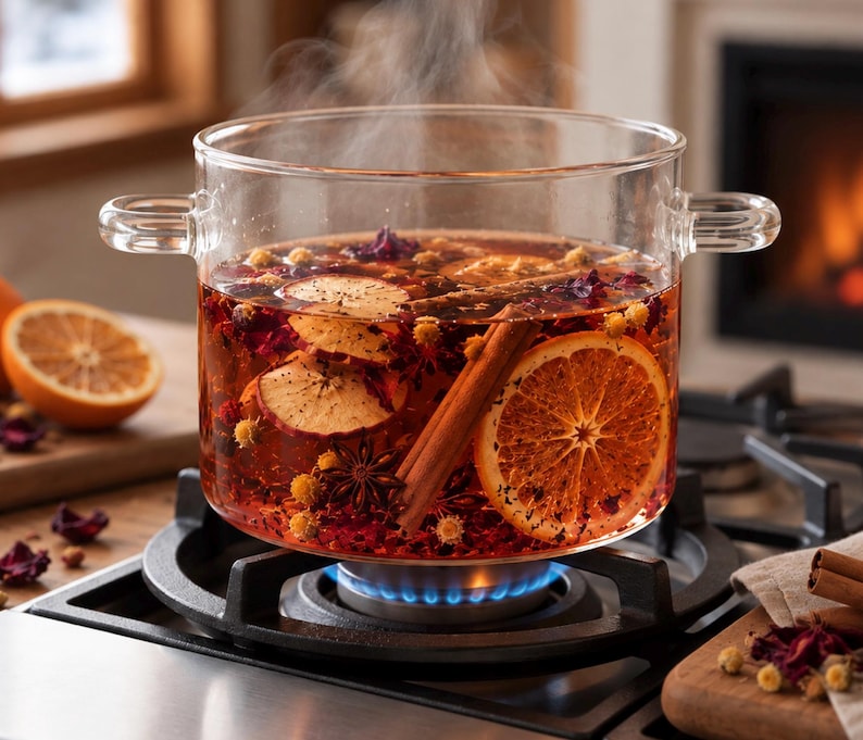 May include: A clear glass pot with two side handles sits on a gas stove burner. The pot contains a steaming amber liquid infused with dried orange slices, cinnamon sticks, star anise, small yellow flowers, and dark red botanical petals.