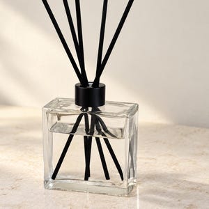 May include: A clear, rectangular glass reed diffuser bottle with a black cylindrical cap. Several thin, black reed sticks are inserted into the top of the bottle, extending upwards and outwards. The bottle contains a clear liquid fragrance oil.