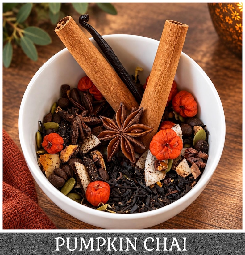 May include: A white bowl filled with a loose leaf tea blend containing black tea leaves, two cinnamon sticks, a star anise, a dark vanilla bean, green pumpkin seeds, coconut flakes, and small orange pumpkin-shaped pieces with the text PUMPKIN CHAI.