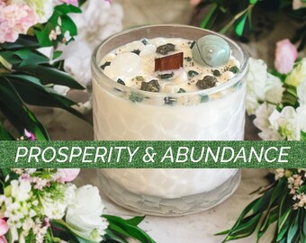 Abundance Crystal Candle: Emerald, Aventurine, Amber Sandalwood Scent, 16oz