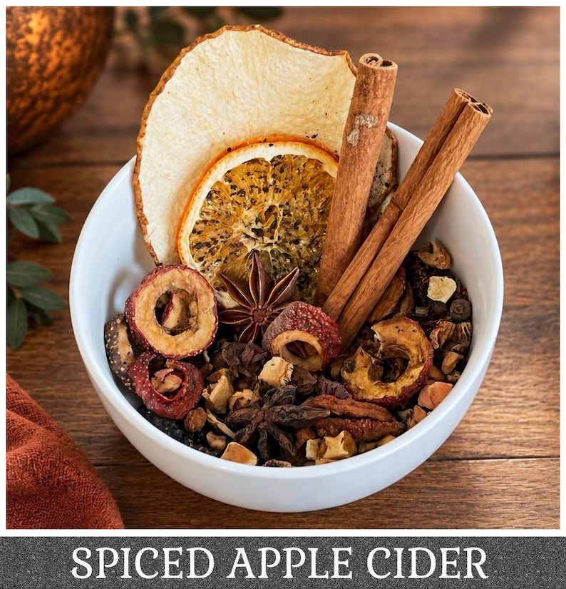 May include: A white bowl filled with a mixture of dried ingredients including cinnamon sticks, star anise, dried orange slices, and dried apple slices. The text "SPICED APPLE CIDER" is printed in white capital letters at the bottom of the image.