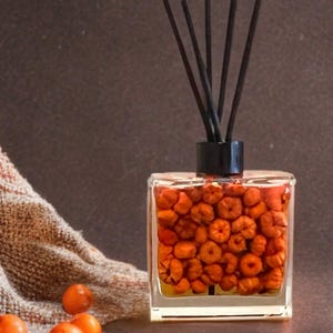 Può includere: Un flacone diffusore quadrato in vetro trasparente riempito di elementi decorativi arancioni e sormontato da canne nere. Il flacone è appoggiato su una superficie marrone, con un tessuto beige e marrone piegato a sinistra. Diverse sfere arancioni sono in primo piano.