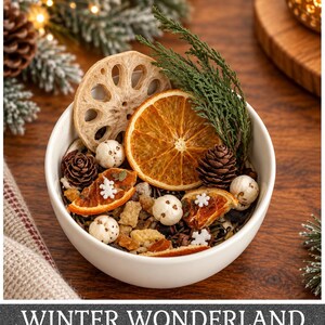 May include: A white bowl filled with a potpourri mix containing dried orange slices, a lotus root slice, small pinecones, white spherical seed pods, green cedar sprigs, and tiny white snowflake accents. The text WINTER WONDERLAND is below.