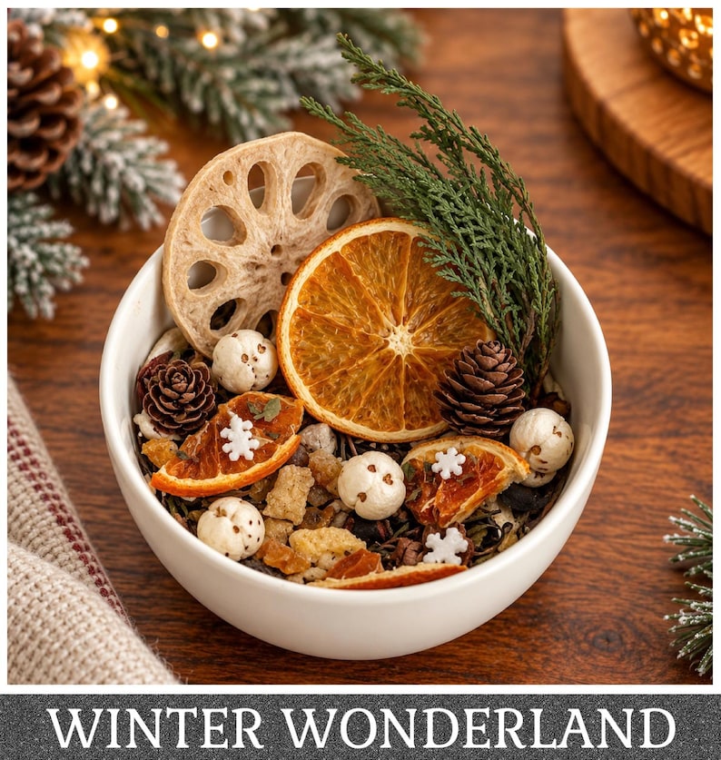 May include: A white bowl filled with a potpourri mix containing dried orange slices, a lotus root slice, small pinecones, white spherical seed pods, green cedar sprigs, and tiny white snowflake accents. The text WINTER WONDERLAND is below.