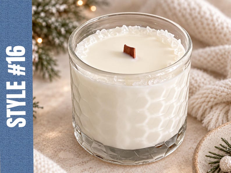 May include: A white candle in a clear glass jar with a honeycomb-textured exterior and a wooden wick. The top of the candle is decorated with small, clear crystal-like pieces. The text "STYLE #16" is printed vertically on a blue sidebar.