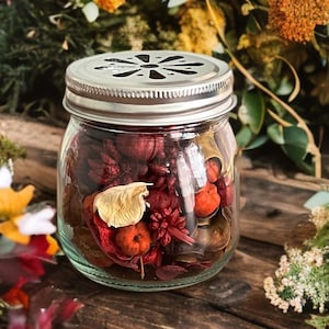 May include: A clear glass jar filled with dried potpourri in shades of deep red, orange, and brown. The jar features a silver-colored metal lid with a decorative, star-shaped cutout pattern on top, allowing for the release of fragrance.