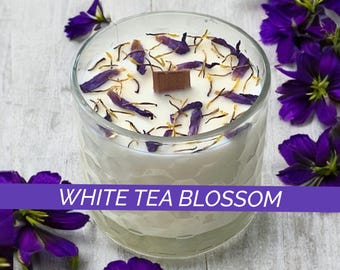 White Tea Blossom Candle: 16oz Scented Soy Wax Candle with Dried Flowers