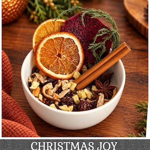 May include: A white bowl filled with a potpourri mix of dried cranberries, apple pieces, and orange peels, topped with two cinnamon sticks, a star anise, a slice of dried orange, a slice of dried dragon fruit, and a sprig of green cedar.