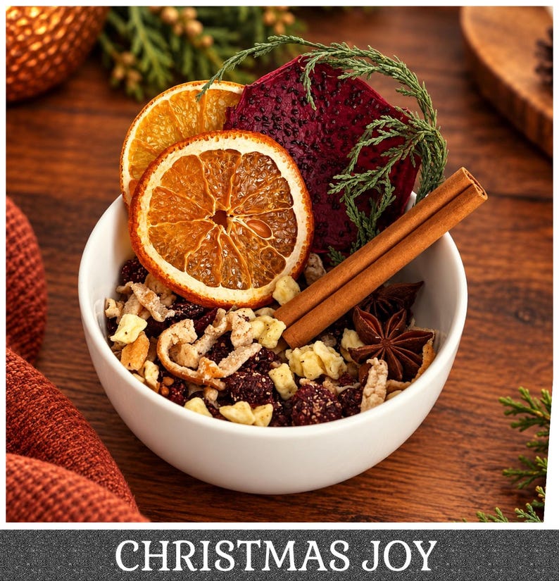 May include: A white bowl filled with a potpourri mix of dried cranberries, apple pieces, and orange peels, topped with two cinnamon sticks, a star anise, a slice of dried orange, a slice of dried dragon fruit, and a sprig of green cedar.