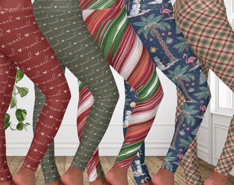 Christmas Leggings | Holiday Print Leggings | Womens Buttery Soft Yoga Pants | Plaid Noel Candy Cane Xmas Leggings
