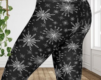 Black Snowflake Leggings: High Waisted Winter Yoga Pants
