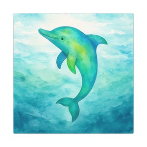 Dolphin Watercolor Canvas Print, Coastal Ocean Wall Art in Aqua & Blue, Sea Life Beach Decor for Bathroom or Nursery 10 Sizes
