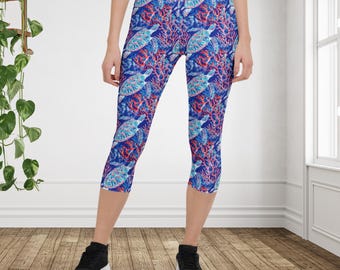 Sea Turtle Capri Leggings | Coastal Beach Leggings | Ocean Yoga Pants | Summer Workout Leggings | Tropical Activewear