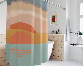 Sunset Abstract Shower Curtain: Boho Coastal Bathroom Decor