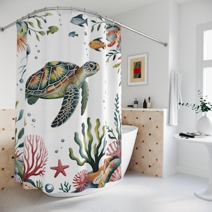 Sea Turtle Shower Curtain | Coastal Bathroom Decor | Ocean Coral Reef Design | Marine Life Bath Curtain | Underwater Theme