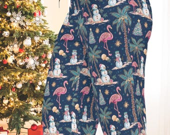 Pantalones de pijama navideños costeros / Pantalones de descanso con estampado de flamencos y muñecos de nieve