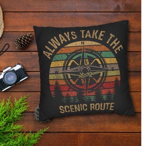 Rustic Compass Throw Pillow: Always Take the Scenic Route