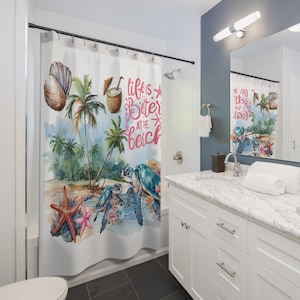 Life Is Better at the Beach Shower Curtain | Sea Turtle Bathroom Decor | Coastal Palm Tree Ocean Print | Tropical Bathroom Accent