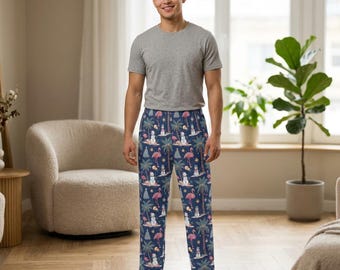 Pantalones de pijama con diseño de flamenco y muñeco de nieve para hombre / Pantalones de estar por casa navideños tropicales costeros
