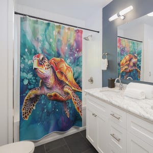 Sea Turtle Shower Curtain | Colorful Ocean Decor | Underwater Bathroom | Coastal Home Accent | Marine Life Art | Beach Vibes