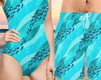 Passende Familienbademode | Fisch-Muster Küstenanzüge, Strandferien Outfits