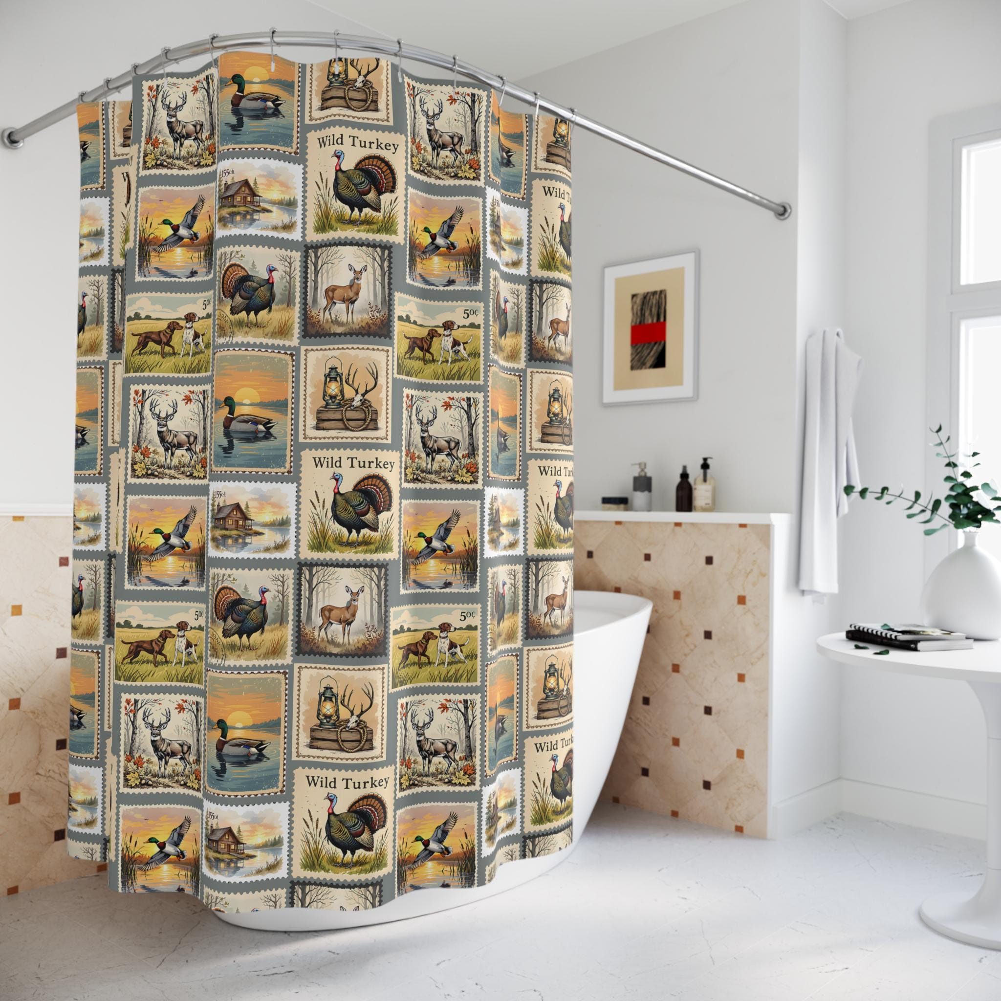 Rustic Deer Shower Curtain – Whitetail & Elk Forest Scene, 70x70 Inches, Polyester