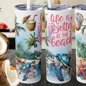 Beach Turtle Tumbler 20oz | Life Is Better at the Beach Skinny Cup, Palm Tree Coastal Gift
