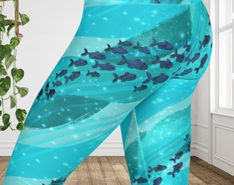 Aqua Ocean Leggings | Teal Wave Yoga Pants | Underwater Fish Print Activewear | Coastal Gym Leggings