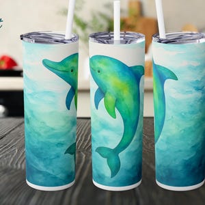 Dolphin Tumbler 20oz Skinny Cup | Watercolor Ocean Sea Life Gift, Coastal Insulated Travel Mug with Straw, Marine Animal Beach Cup