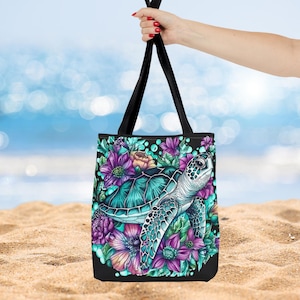 Sea Turtle Tote Bag | Ocean Turtle Beach Bag | Floral Reusable Shopping Bag in 3 Sizes | Coastal Gift for Ocean Lovers