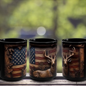 Rustic Deer Coffee Mug with American Flag | Patriotic Wildlife Hunter Gift
