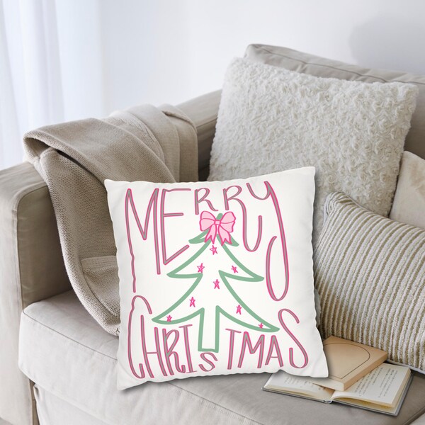 Funda de cojín Feliz Navidad / Cojín decorativo rosa y verde con árbol