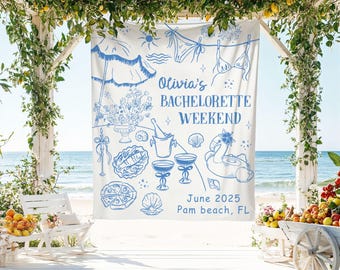 Bannière EVJF personnalisée, toile de fond fête sur la plage, décoration week-end future mariée, tapisserie de mariée sur la côte, bach personnalisé, fête Palm Beach