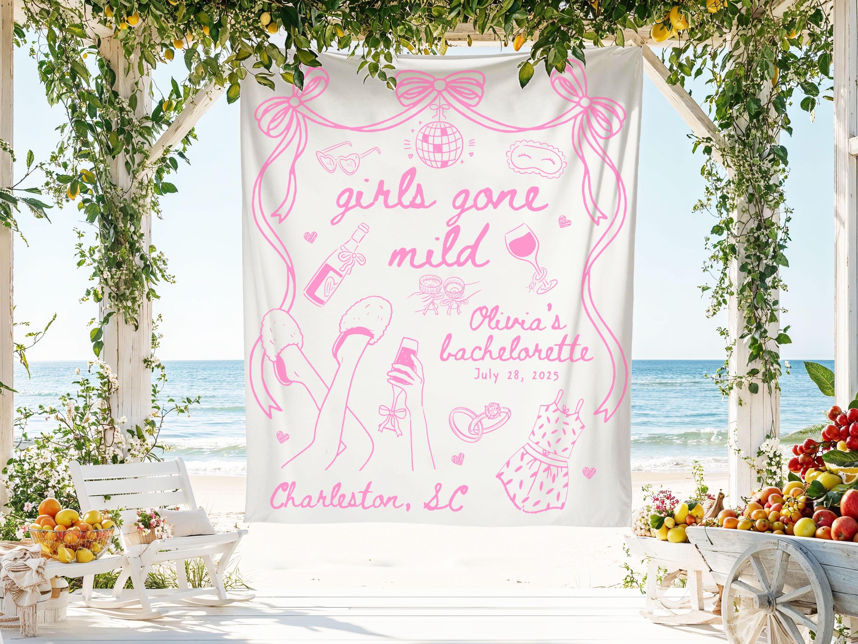 Girls Gone Mild Bachelorette Backdrop, Personalized Party Tapestry For Bride, Funny Bridal Shower Wall Hanging, Location Girls Trip Banner
