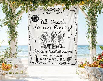 Til Death Do Us Party Bachelorette Banner, Custom Bach Backdrop, Gothic Bride To Be Tapestry, Skeleton Hen Party Decor, Bachelorette Decor