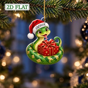 Custom Cute Green Coiled Snake Wearing Santa Hat Present Box Ornament, Festive Pet Python Bauble, Holiday Gift for Snake Fan