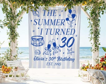 May include: A white banner with blue text and illustrations for a 30th birthday celebration. The banner reads "THE SUMMER I TURNED 30" with additional text "Olivia's 30th Birthday EST. 1995". The banner is decorated with balloons, cake, and champagne glasses.